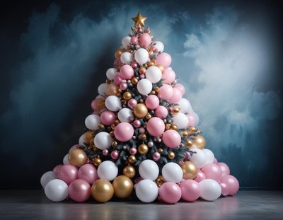 Pink, white, and gold balloon tree by a blue wall