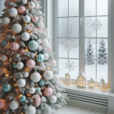 Christmas tree by window with a snowy view