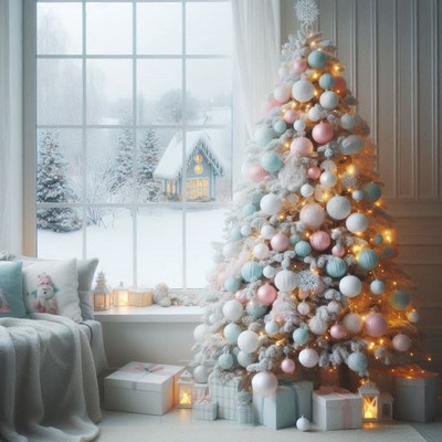 Snowy winter view behind a decorated christmas tree