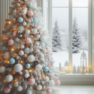 Snowy tree by a window with a winter view