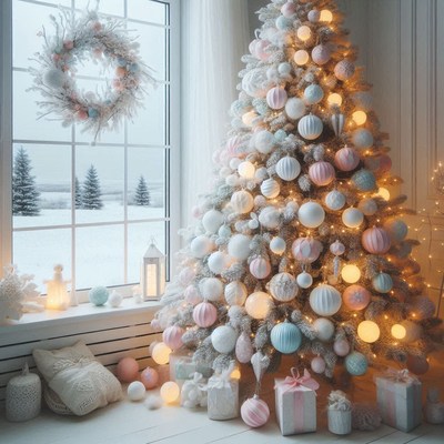 A snowy christmas tree adorned with pink ornaments