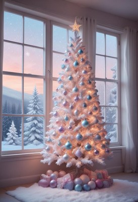 Snowy tree by the window overlooks a winter forest