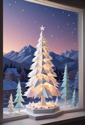 A window frame with a white paper christmas tree inside