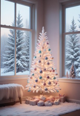 White christmas tree with lights by the window