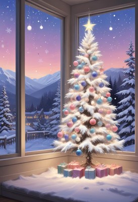 A snowy christmas tree sits by the window