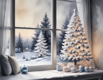 A snowy winter scene viewed through a window