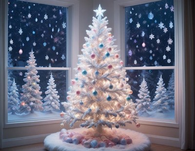 White christmas tree with blue ornaments in window