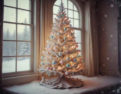 A snowy christmas tree sits by the window