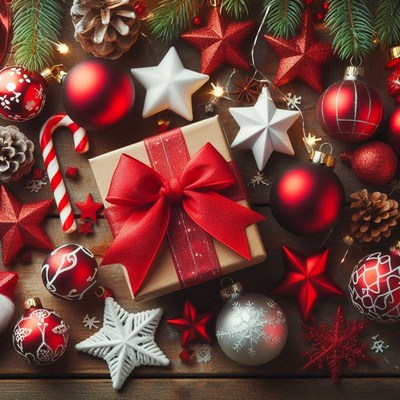Gift with red ribbon, surrounded by ornaments and stars
