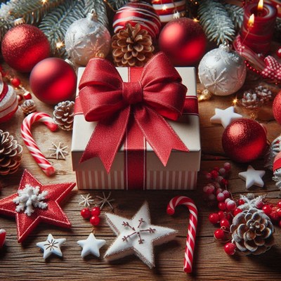 A red-wrapped present sits among christmas decorations