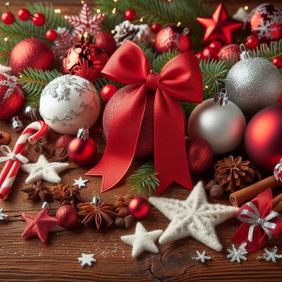 Red and white ornaments adorn a wooden table for christmas