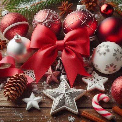 Festive ornaments on a wooden table