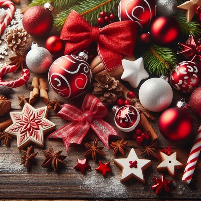 Red and white christmas ornaments on a wooden table