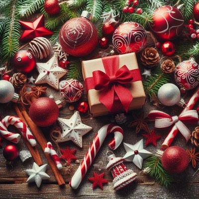 Christmas gift box with red ribbon, ornaments, and candy