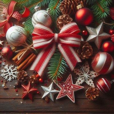 Red and white ornaments with a bow on a wood table