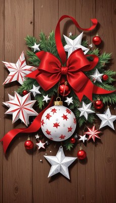 A festive christmas ornament hangs with a red bow and stars