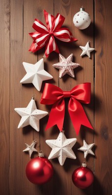 Red and white ornaments decorate a wooden wall