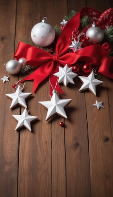 White stars and ornaments lay on a wooden table