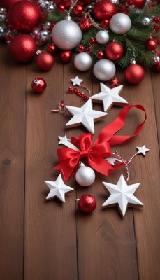 Red and white ornaments on a wooden background