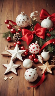 White and red ornaments decorate a wooden table