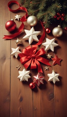Red ribbon and bow on a table with ornaments