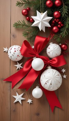 Red and white ornaments with a ribbon on wood
