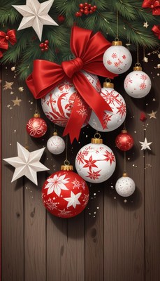 Red and white ornaments hang from a christmas tree branch