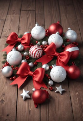 Red and silver ornaments with bows on a wooden surface