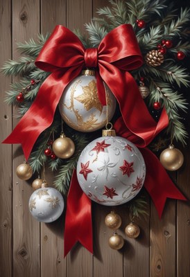 A festive christmas wreath with red ribbon and ornaments