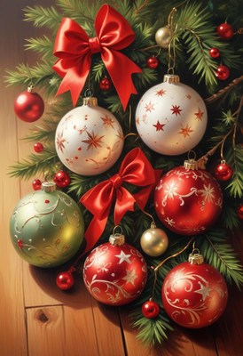 Christmas ornaments hang from a fir branch