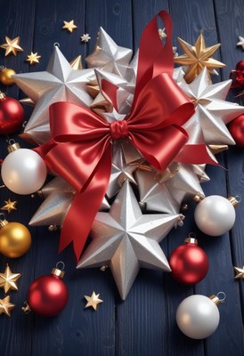Silver stars and a red bow on a wooden surface