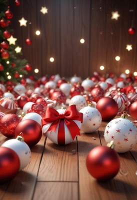 Red and white ornaments on a wooden floor
