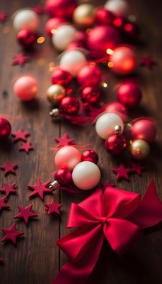 Red ornaments and a bow sit on a wooden table