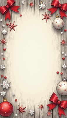 Red and white ornaments decorate a wooden background