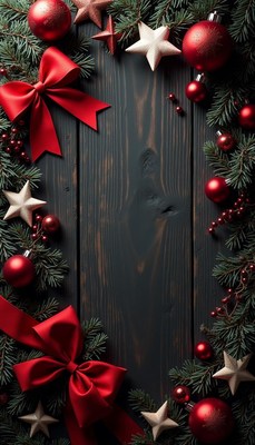 Red ornaments and a bow adorn a dark wood surface