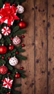 Christmas ornaments and gifts adorn a wooden background