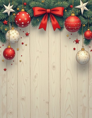 Christmas ornaments hang on a wooden wall