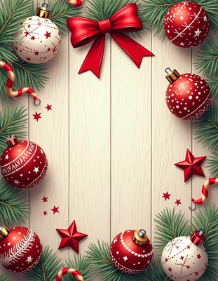 Red and white ornaments decorate a wooden surface