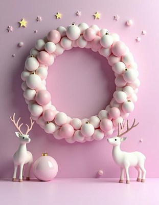 Pink wreath and reindeer hang on a pink wall