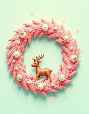 A pink christmas wreath with a reindeer standing on top