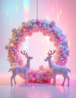 Two white deer face off by a fluffy wreath