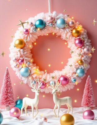 Pink wreath with ornaments hangs on a pink wall