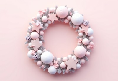 A pink and white wreath with stars on a pink bg