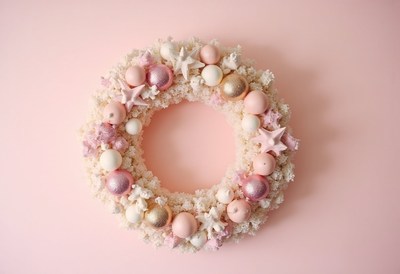 A pink and white christmas wreath hangs on a light pink wall