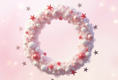 A pink christmas wreath with red stars and ornaments