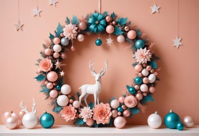 Teal and peach wreath hangs near a white deer