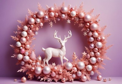 A pink and white reindeer stands in a christmas wreath