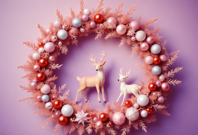 A pink christmas wreath with deer ornaments