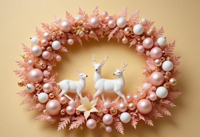 A wreath decorated with pink and white ornaments and foliage