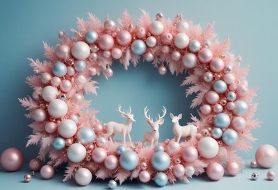 A pink and blue christmas wreath with deer ornaments
